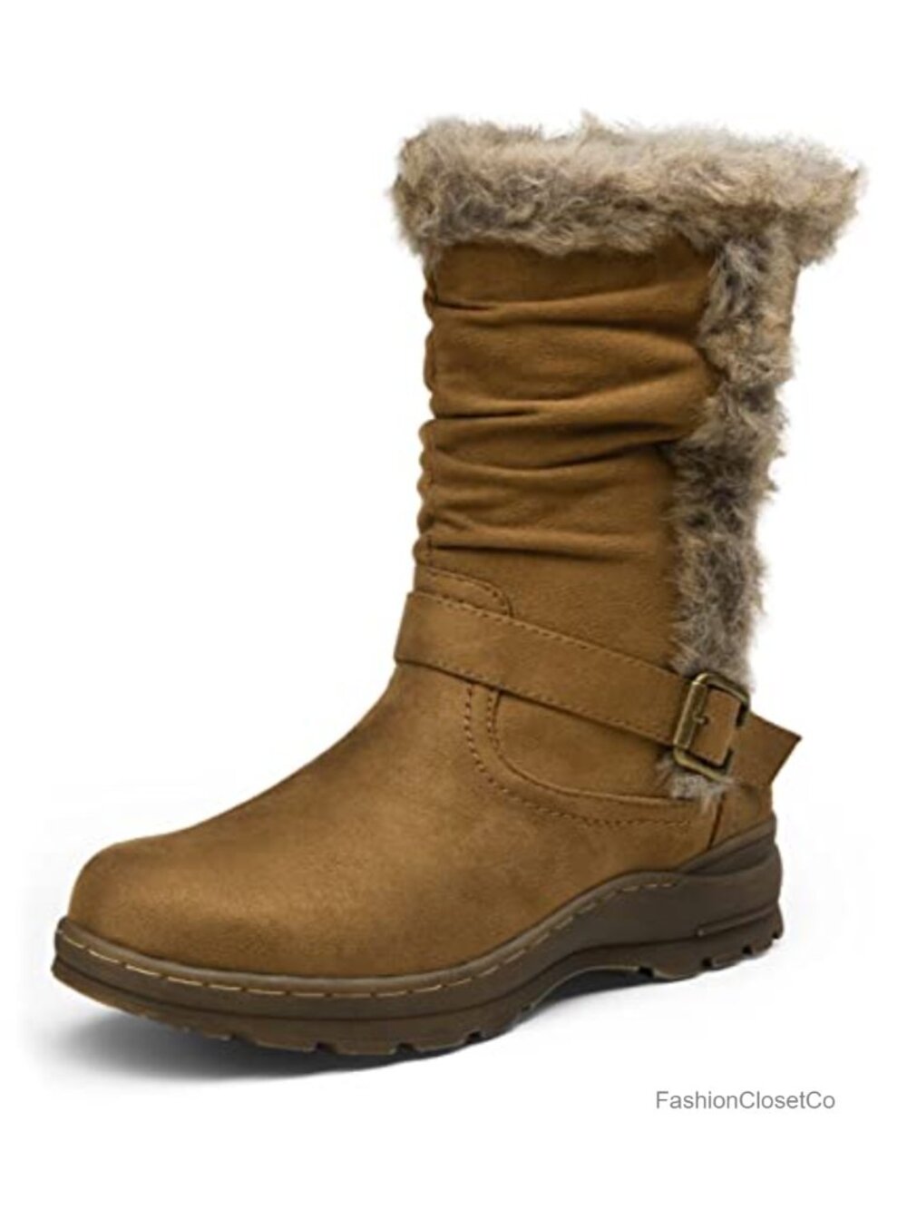 Faux Leather Fur Lined Mid Calf Winter Snow Boots with Side Zipper